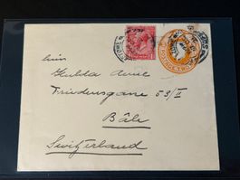 Ganzsache 1921 mit Zusatzfrankatur von England nach Basel