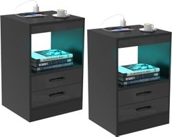 Nachttisch 2er-Set mit Steckdosen, USB & 16-Farben-LED
