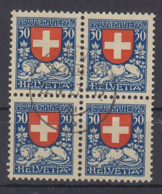 Tutti i francobolli: Pro Juventute 40 bloc de 4 oblitéré 100.-- – Usato da Boécourt venduto da Denteles66