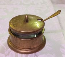Vintage Zuckerdose aus Messing mit Glaseinsatz & Löffel Besc