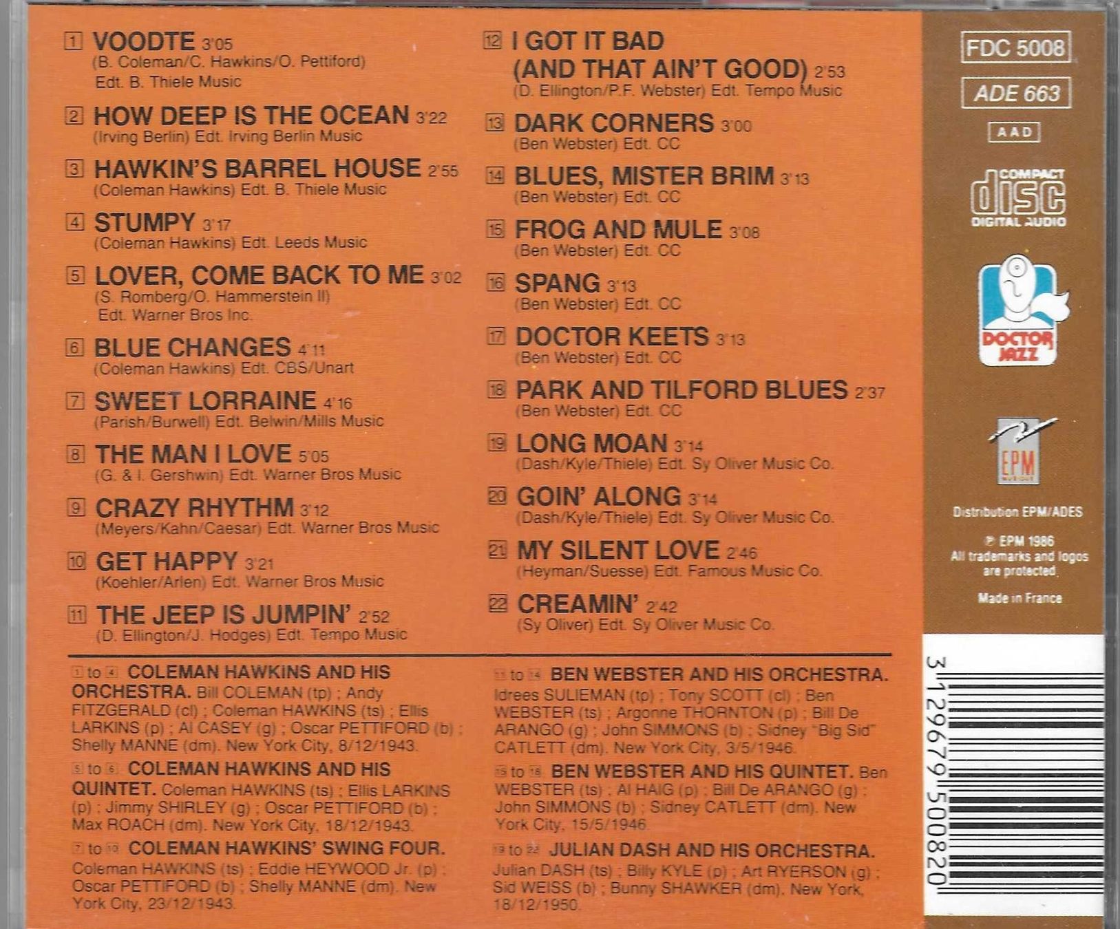 CD: COLEMAN HAWKINS - BEN WEBSTER - JULIAN DASH – Usato da Bex venduto da Giorgiob 1