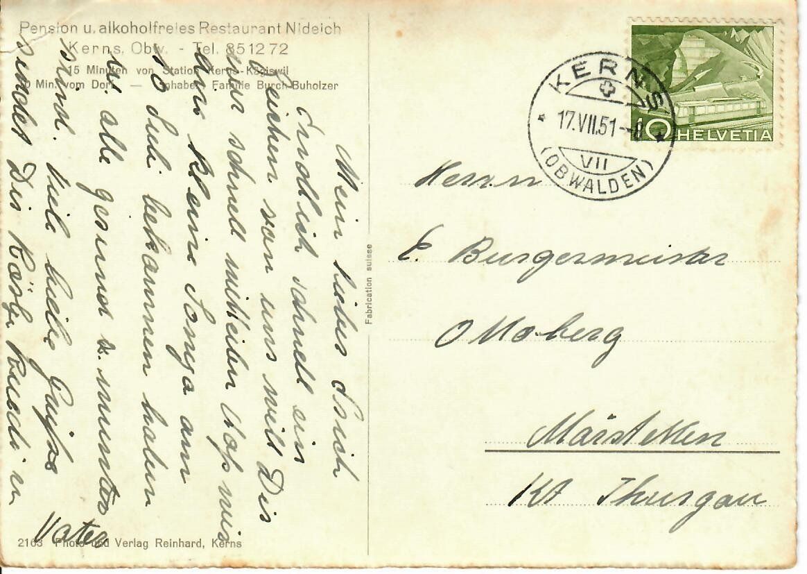 Cartoline postali: Restaurant Nideich - Kerns  1951 – Usato da Hochdorf venduto da Ziegel-16 1