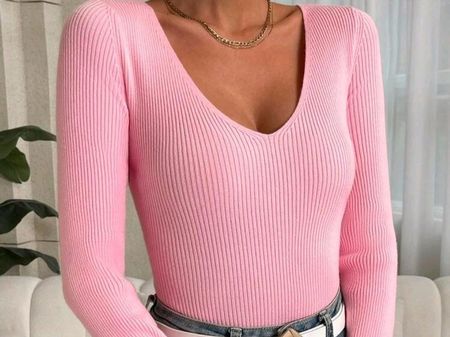 Rippstrick Langarm Shirt - 36 / S - V-Ausschnitt 6️⃣