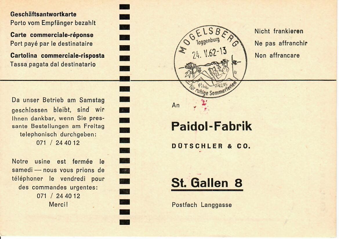 Tutti i francobolli: PK, Paidol Fabrik St.Gallen – Usato da Hochdorf venduto da Ziegel-16