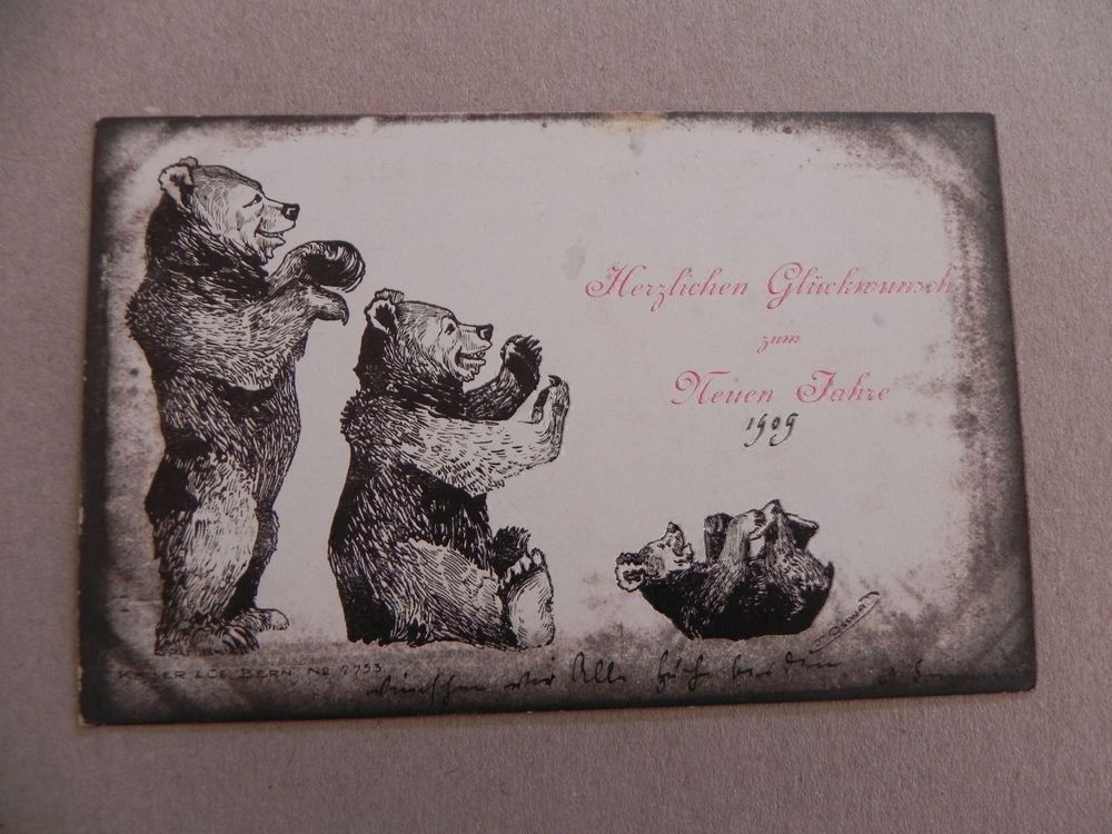 Karte lustige Humor Bär Jux Bären zum neuen Jahr 1909 1