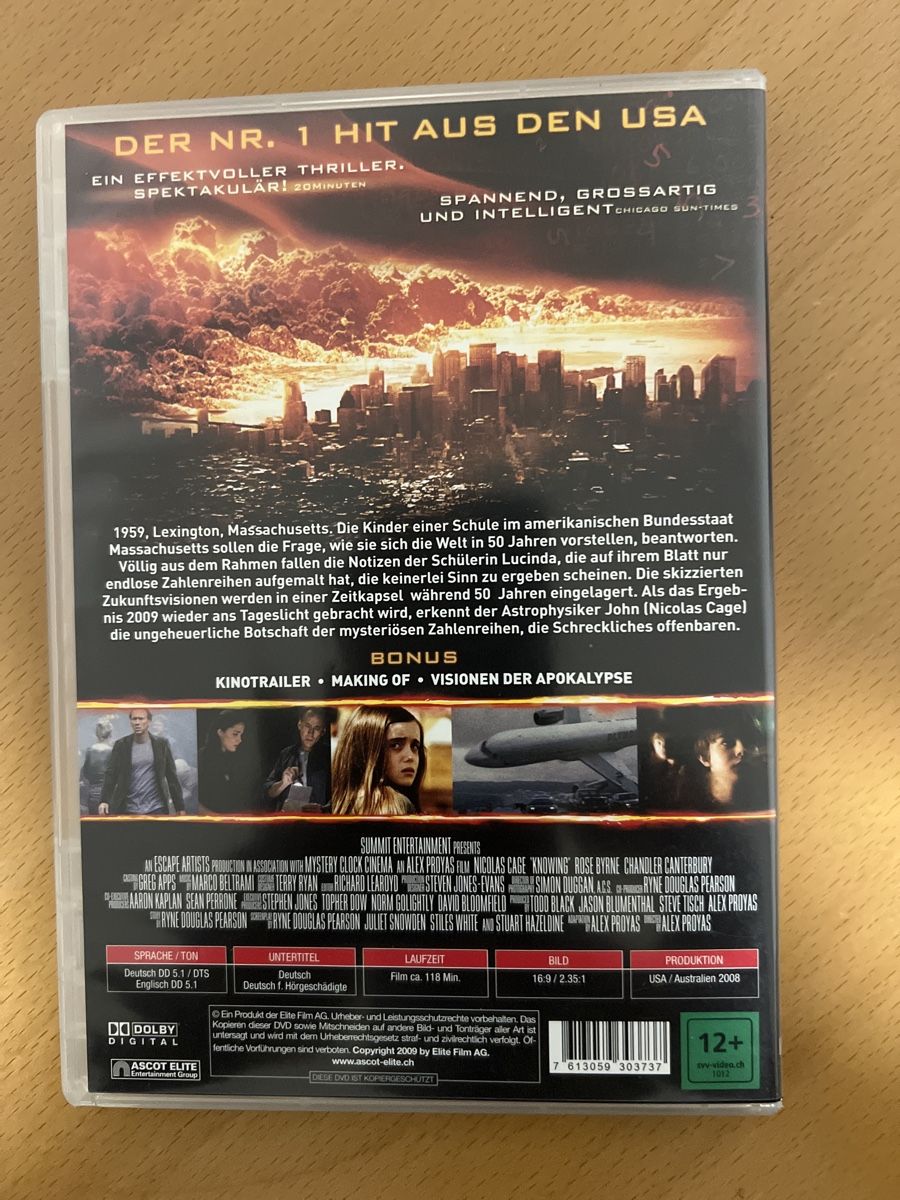 Tutti i DVDs: Knowing DVD mit Nicolas Cage - Apokalypse-Thriller – Usato da windisch venduto da meisterkingremo 1