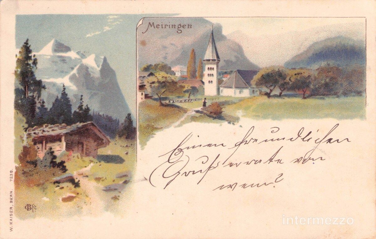 Ansichtskarten: Meiringen BE // 1900 Litho Kirche – Gebraucht aus Basel von intermezzo12