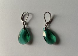Teardrop Earrings Green Glass Leverback Sterling Silver