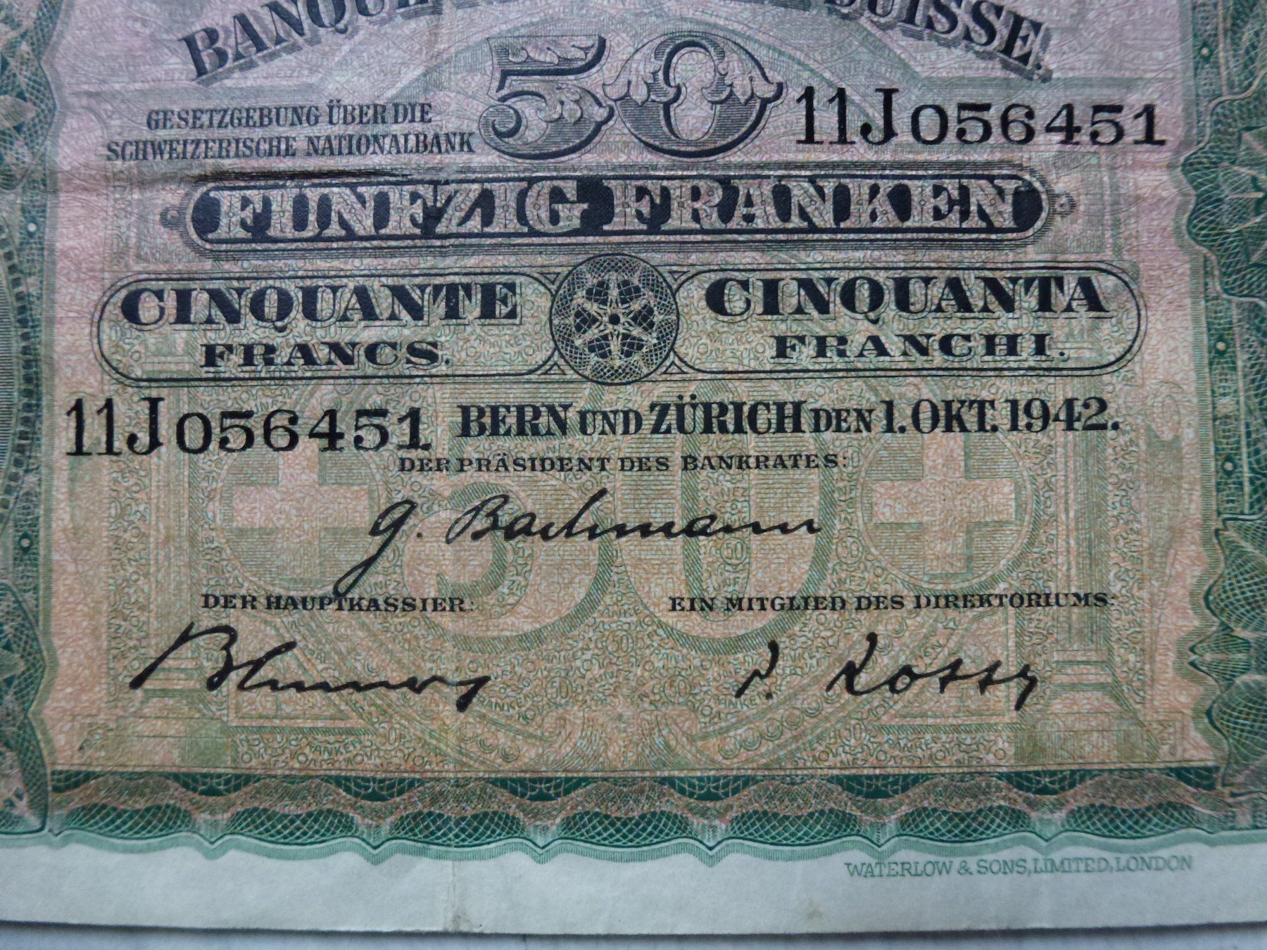 Banknoten: Schweiz ++ 50.- Franken 1942 – Gebraucht aus Walkringen von Casablanca777 2