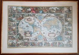 Antike Weltkarte Kalender Holzschnitt gerahmt
