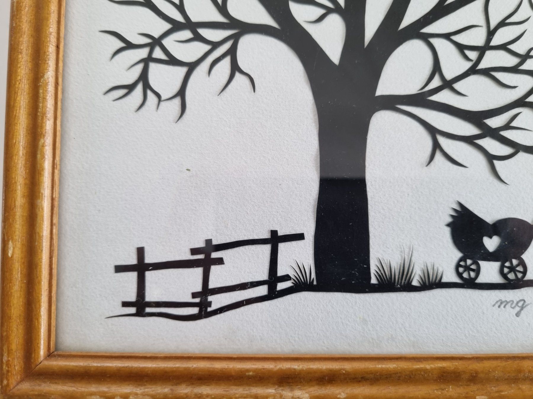 Grafica & Litografie: Scherenschnitt Bild Baum Kinderwagen monogrammiert, datiert – Usato da Opfikon venduto da Diversamente 2
