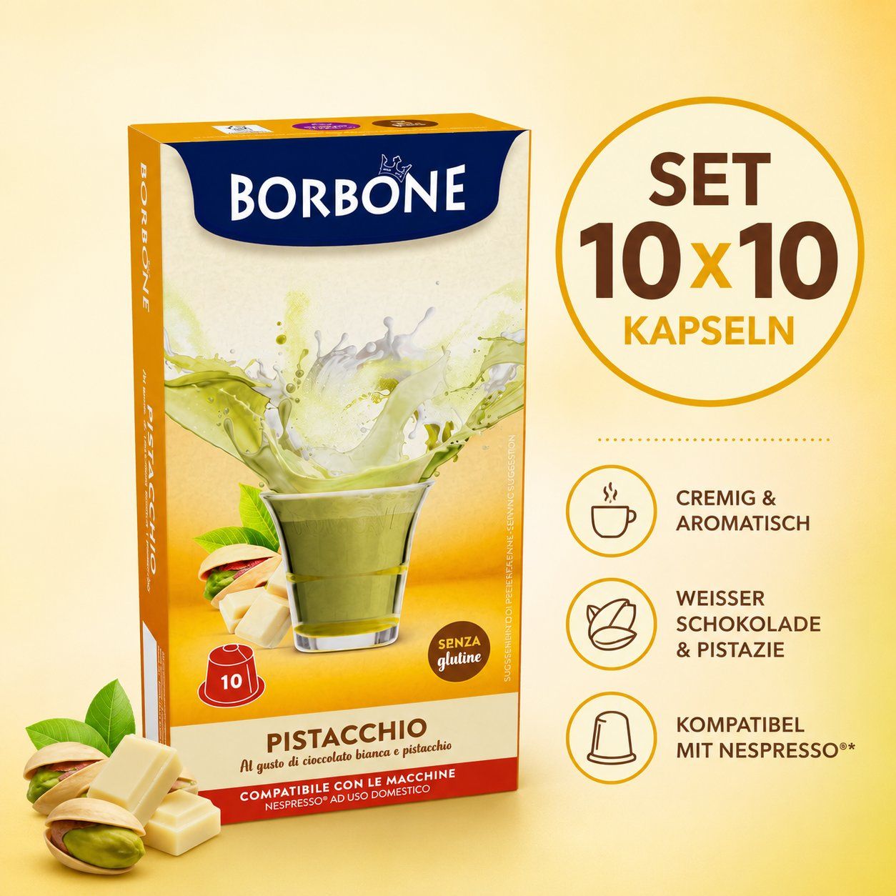 Lebensmittel & Spezialitäten: 10 x 10 Pistacchio Borbone Kapseln – Neu und originalverpackt aus Kaiseraugst von Sorgenti