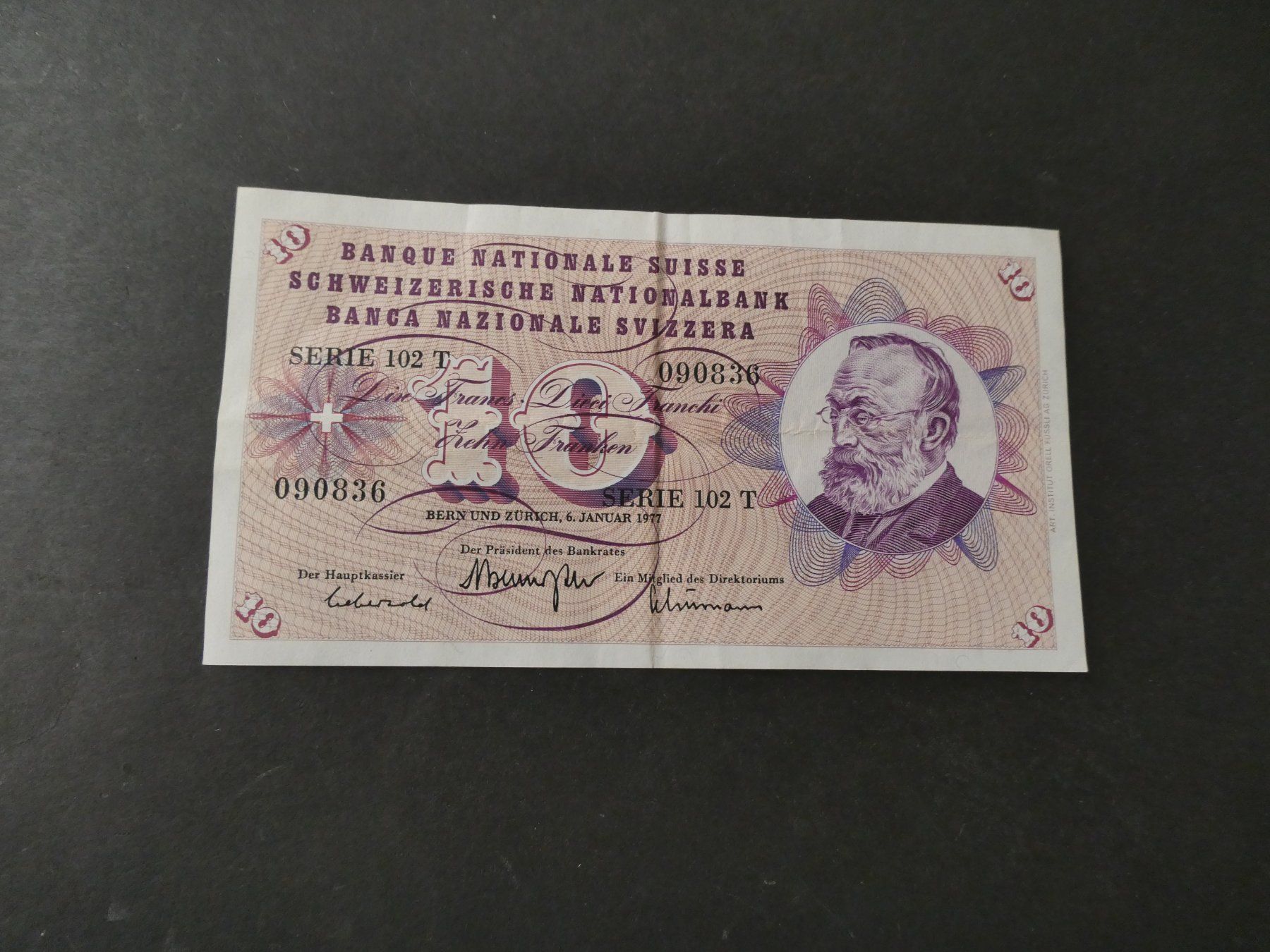 Banknoten: Schweiz 1977, 10 Franken – Gebraucht aus Hinterforst von Rohusri
