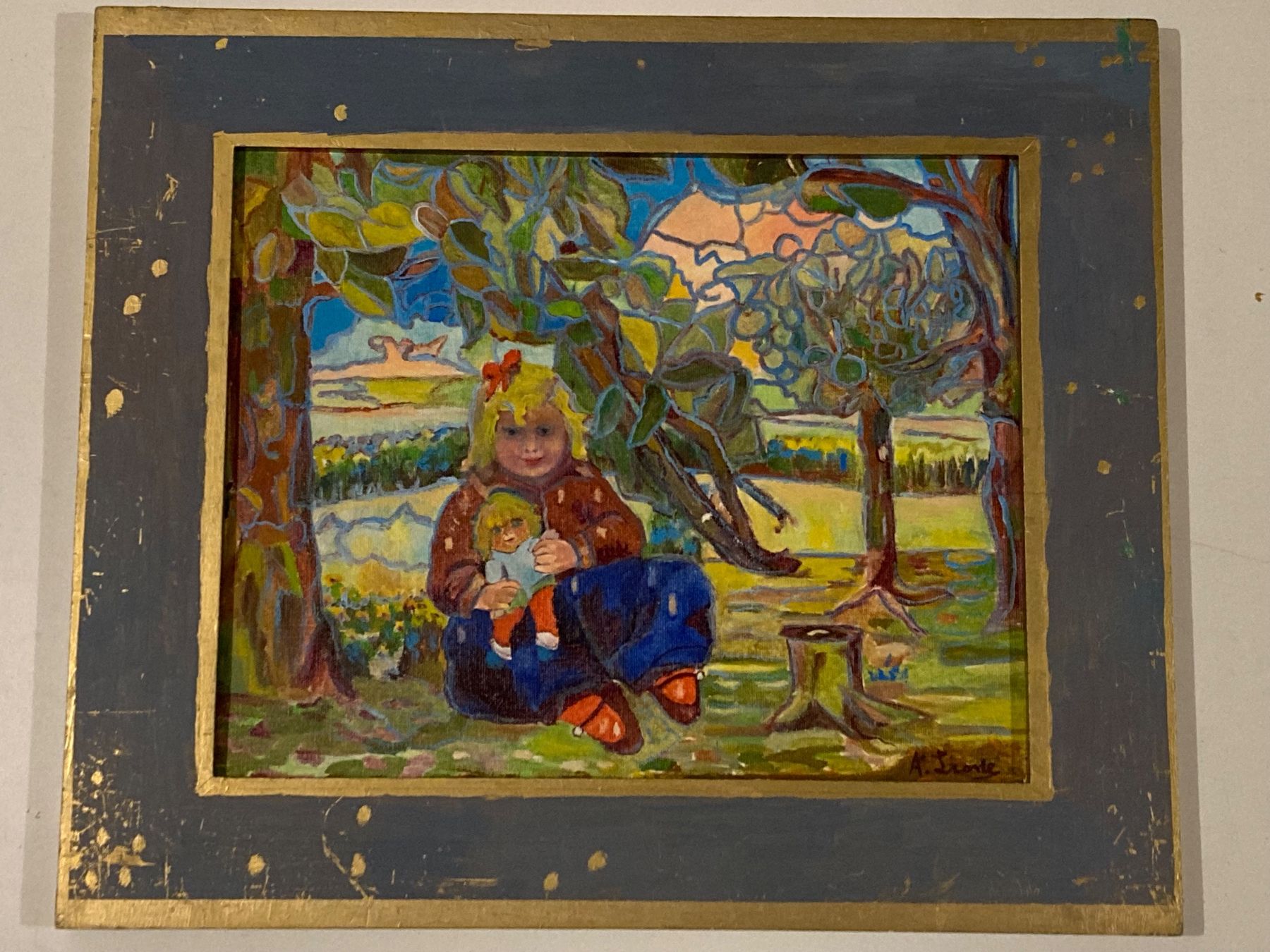 Gemälde: Anna Leone 1960 Landschaftsgemälde Mädchen mit Puppe, Bäume – Gebraucht aus Hirzel von pjn_d7xp
