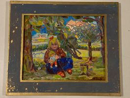 Anna Leone 1960 Landschaftsgemälde Mädchen mit Puppe, Bäume