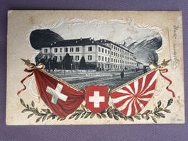 Alte Ansichtskarte Bellinzona Caserma mit Schweizer Fahnen