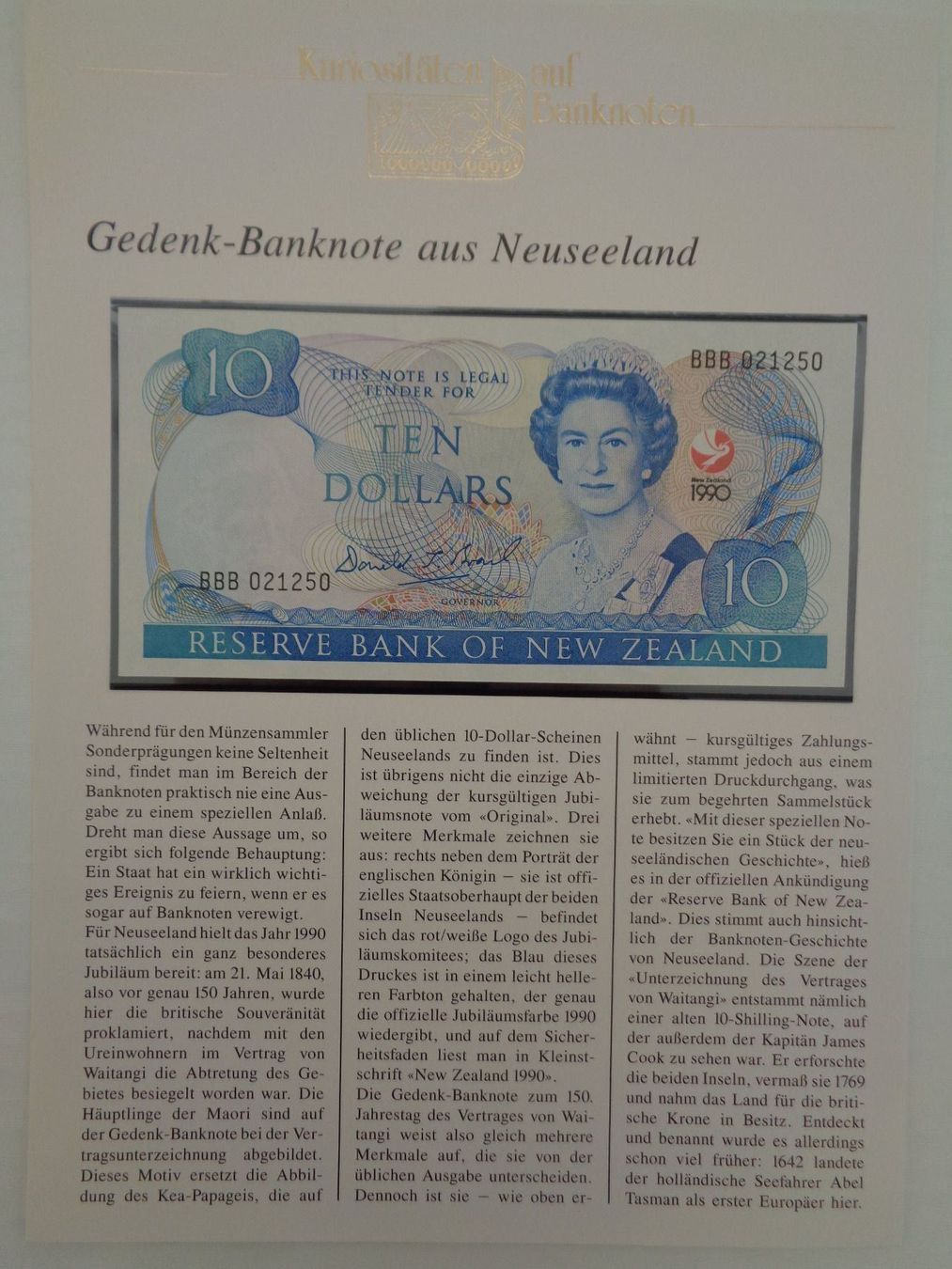 Banconote: Notenbrief- Neuseeland 10 Dollar 1990 – Nuovo (secondo la descrizione) da Chur venduto da omonia