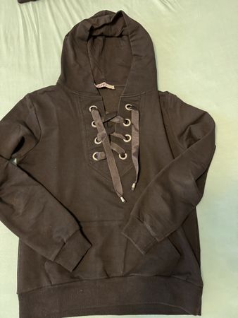 Schwarzer Kapuzenpullover Schnürung Gr. S-M Damen Hoodie Swe