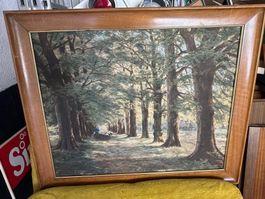 Schönes Gemälde mit Holzrahmen - Wald mit Hirte Szene!