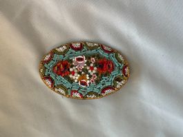 Brosche Mosaik Blumen oval goldfarben Vintage Italien