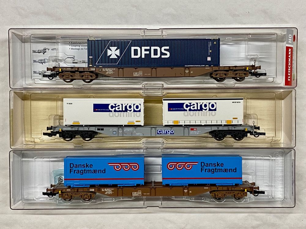 3 x Fleischmann (H0 GS) SBB/DSB Container-Tragwagen Sgns (Gebraucht) in ...