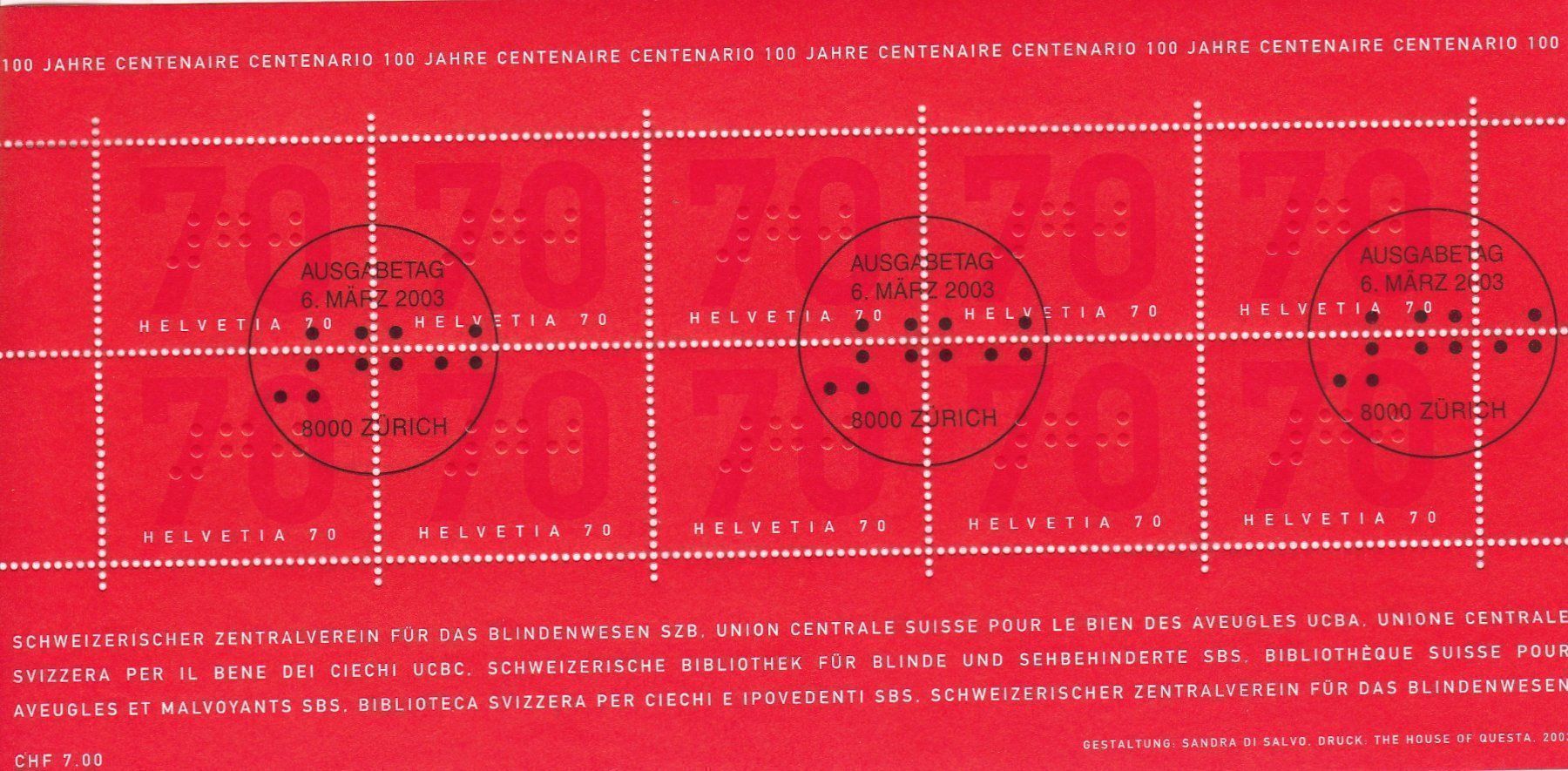 Tutti i francobolli: ET Bleindenwesen Kleinbogen 2003 – Usato da Schliern b. Köniz venduto da joni20