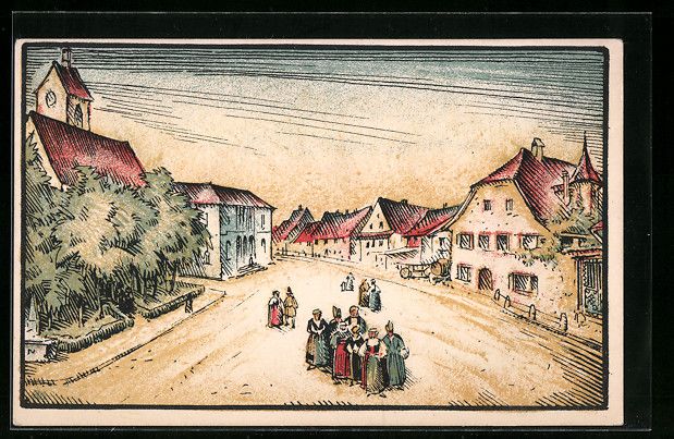 Ansichtskarten: Riehen, Strassenpartie mit Kirche – Gebraucht aus Berlin von bartko-reher