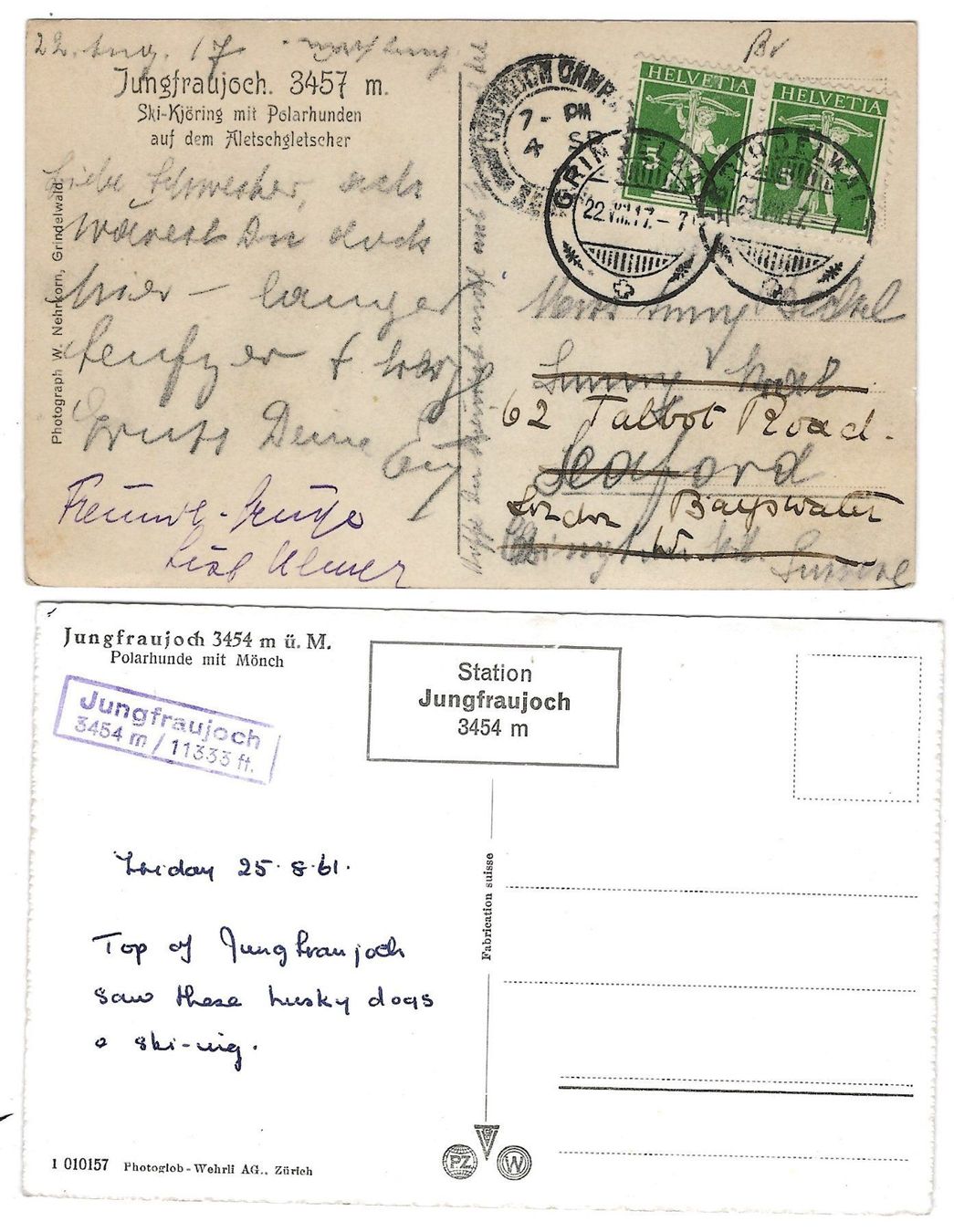 Cartoline postali: 2 x Jungfraujoch, Polarhunde, 1917 – Usato da Frauenfeld venduto da Merk52 1