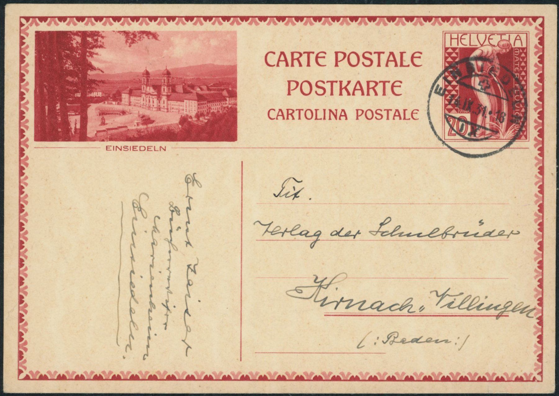 Tutti i francobolli: SZ Einsiedeln - Bildpostkarte • BSU -> nach D – Usato da Schindellegi venduto da leecollect