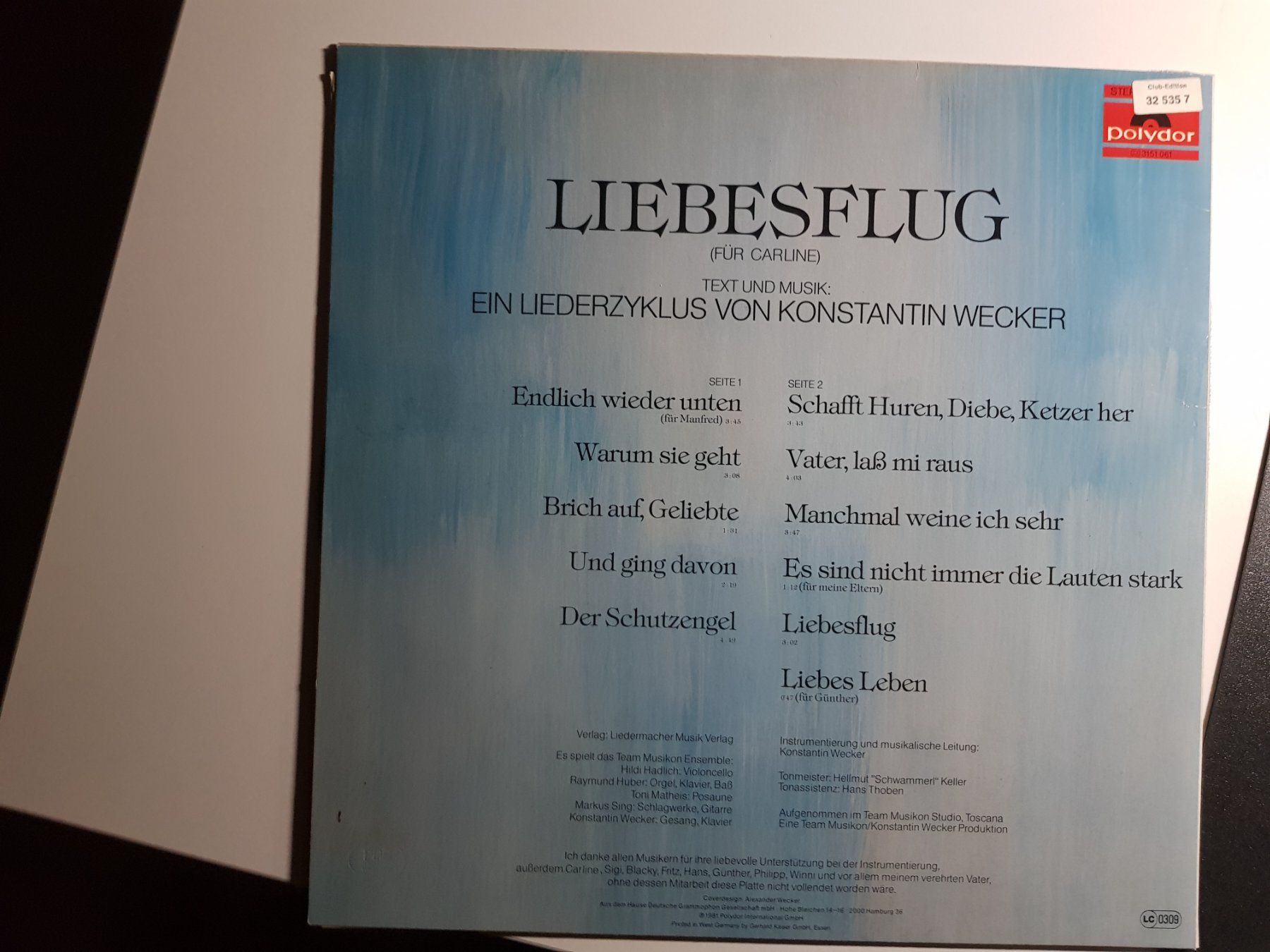 Dischi in vinile: LP: Konstantin Wecker - Liebesflug - 1981 – Usato da Walterswil BE venduto da Lonitti 2