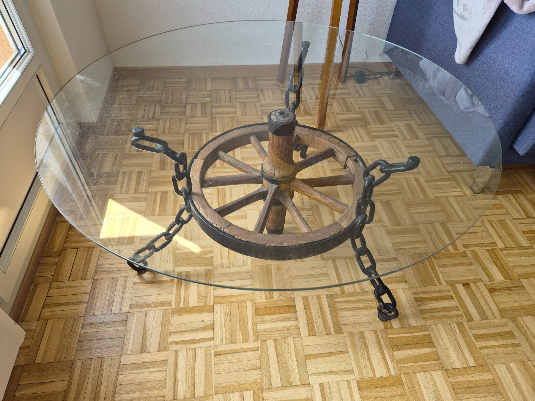 Tavoli: Magnifique table en bois, fer forgé et verre – Usato da Morges venduto da steve575m01