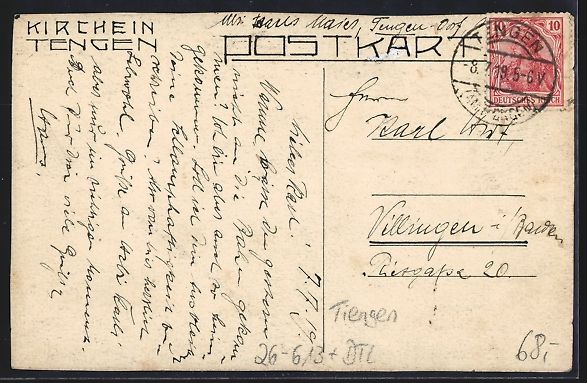 Cartoline postali: Handgemalt: Tengen, Blick auf die Kirche – Usato da Berlin venduto da bartko-reher 1
