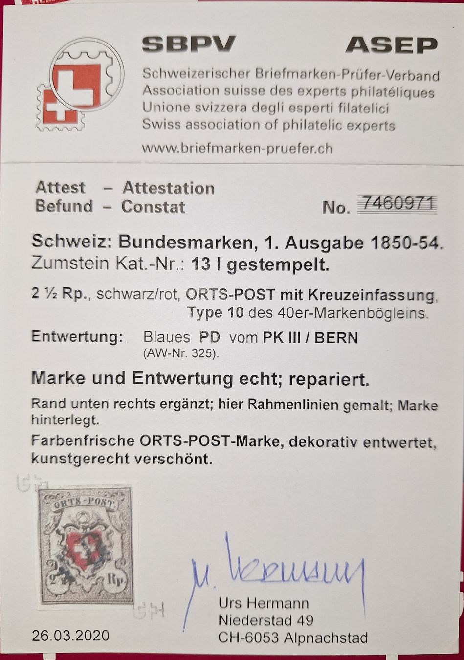 Tutti i francobolli: Orts - Post 13 I PD / Bern Kat. 2300.- Rep. mit ATT – Usato da Balgach venduto da SIMEON27 2