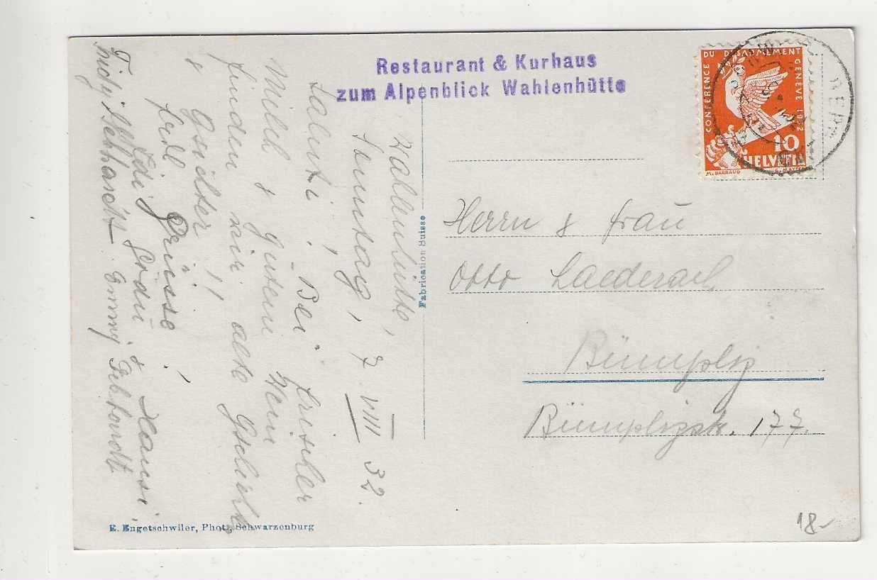 Ansichtskarten: Wahlenhüte, Rüeggisberg, 1932 – Gebraucht aus Spiez von Niesen20 1