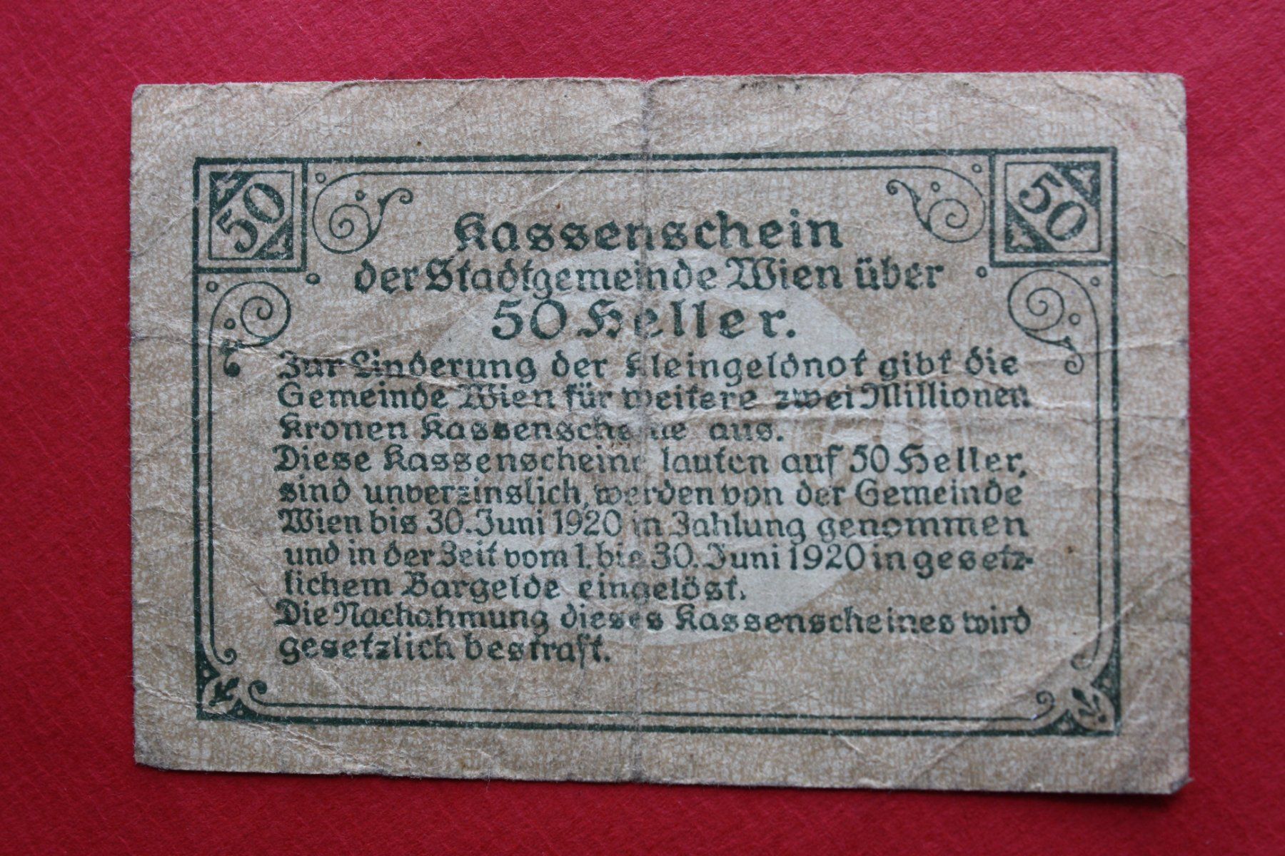 Banconote: currency receipt austria 50 heller 1919 – Usato da Laupen BE venduto da Gufi57 1