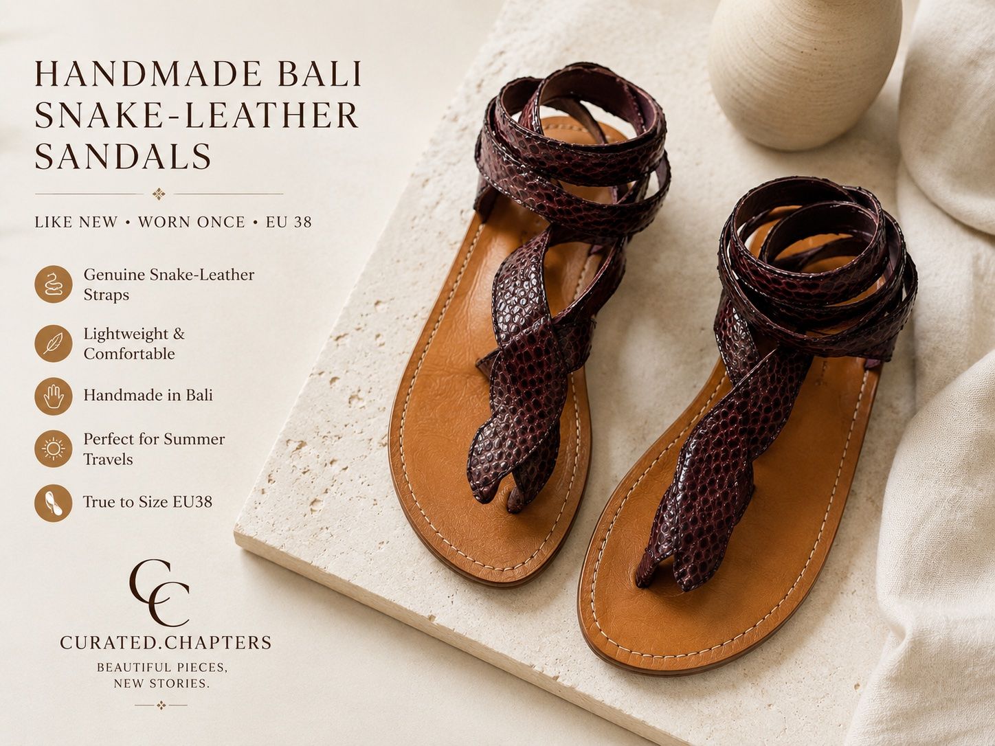 Scarpe da donna: Handmade Bali Snake-Leather Ankle Wrap Sandals EU38 – Usato da Zürich venduto da Curated.Chapters