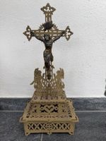 Antiker Kruzifix-Tischaufsatz Metall & Holz geschnitzt Jesus