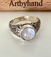 Vintage 925 Silber Mondstein Ring mit Arabesken Gr. 57
