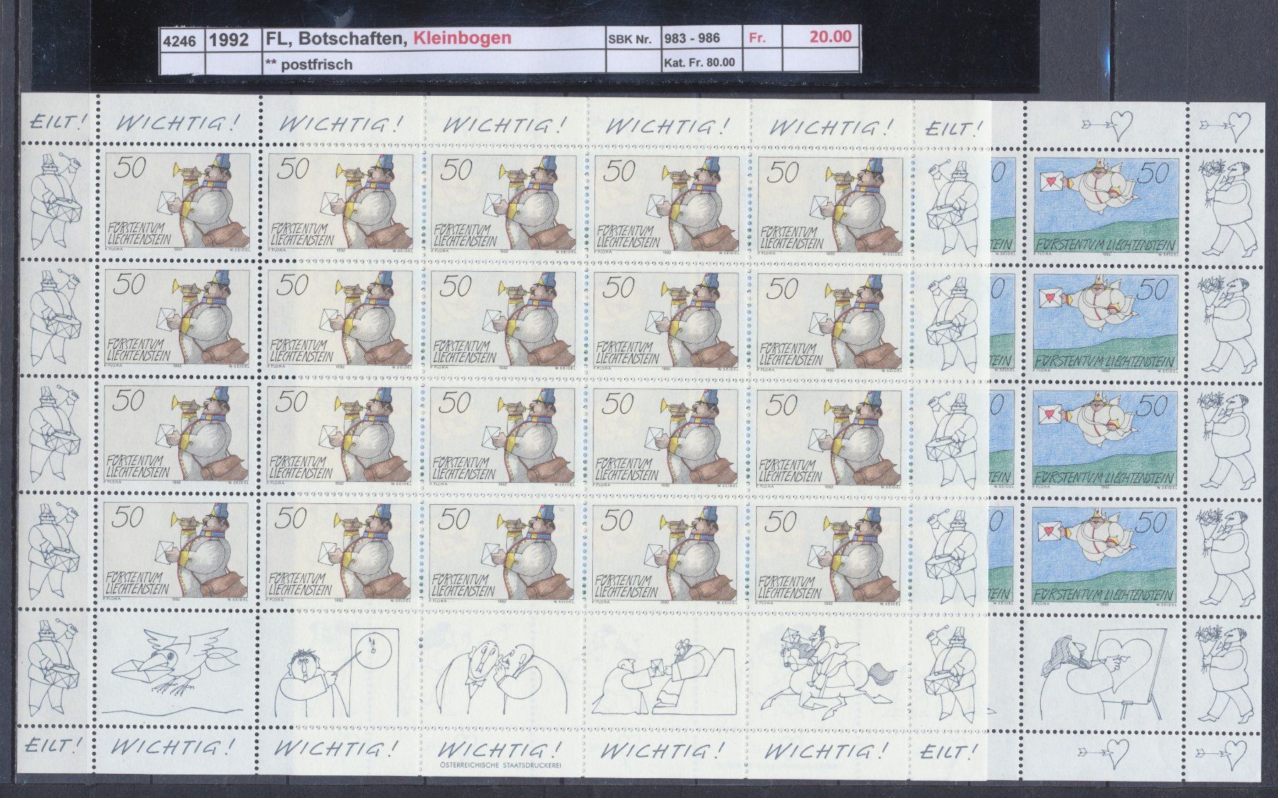 Tutti i francobolli: 1992 FL, "Botschaften", Kleinbogen, ** postfrisch – Nuovo (secondo la descrizione) da Winterthur venduto da Zupogeru 1