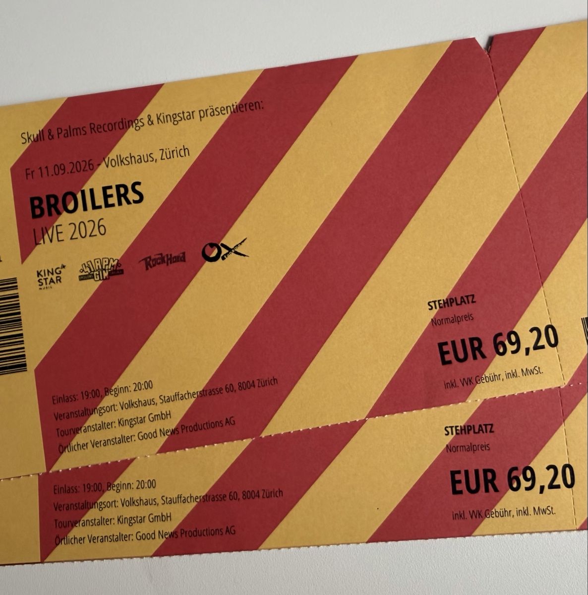 Biglietti: Broilers Stehkarten @Volkshaus Freitag 11.09.2026  – Nuovo (secondo la descrizione) da Kloten venduto da snubnoser