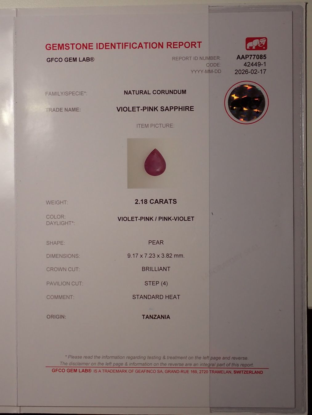 Pietre preziose: Violett Pinker Saphir 2.18 ct. mit GFCO Zertifikat – Nuovo e nell'imballaggio originale da Zürich venduto da GOS08 2