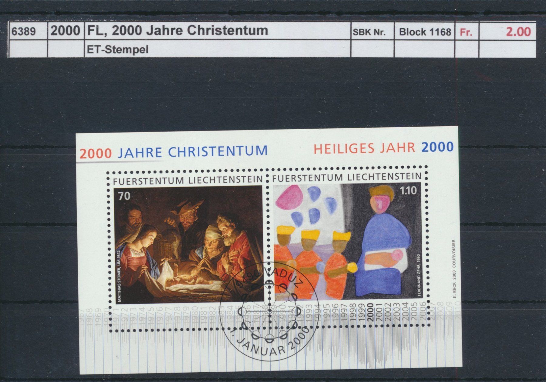 Tutti i francobolli: 2000 FL, "2000 Jahre Christentum" - Block, ET - Stempel – Usato da Winterthur venduto da Zupogeru