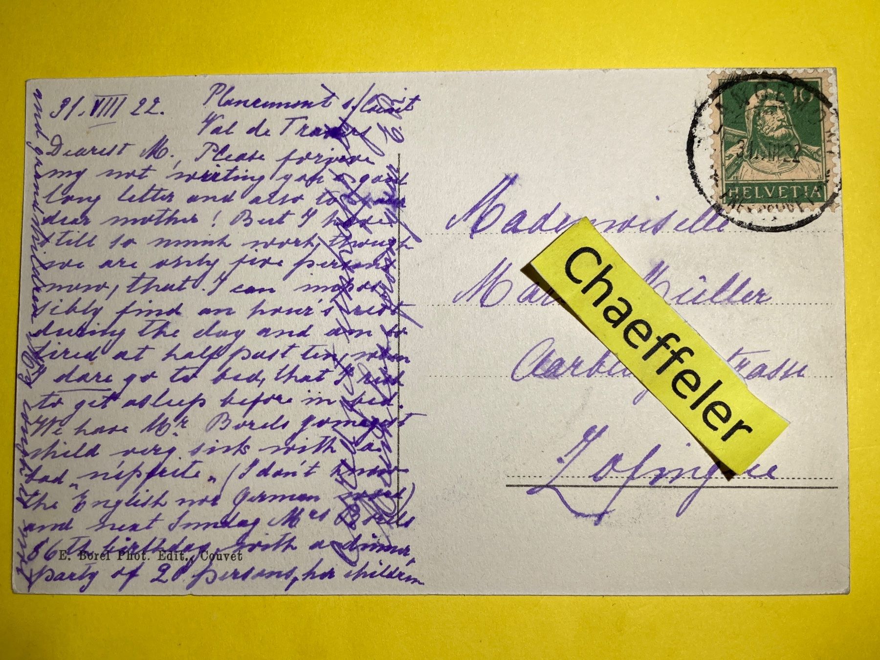 Ansichtskarten: 1922 Plancemont s. Couvert – Gebraucht aus Zürich von Chaeffeler 1