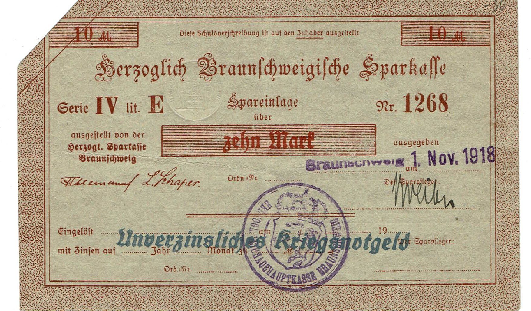 Banconote: Braunschweig 10 Mark+Stempel LitE 01.11.1918 SS+-SS++ – Usato da Steffisburg venduto da ber_8htf