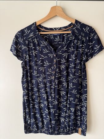 Damen Bluse dunkelblau Vögel Muster kurzarm Grösse M 38/40