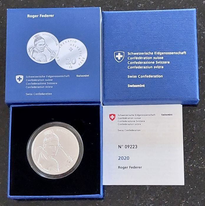 Tutti le monete: 20 Franken 2020 Silber pp Roger Federer Box – Nuovo (secondo la descrizione) da Arch venduto da moneyswiss