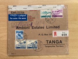 Flugpostbrief 1945 nach Tanga mit 5 Fr.Marken F34 , selten