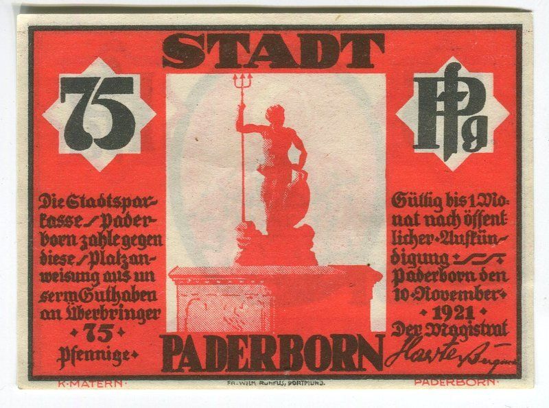 Banknoten: Notgeld "75 Pfennig. Paderborn 1921" – Gebraucht aus Basel von Butsch5 1