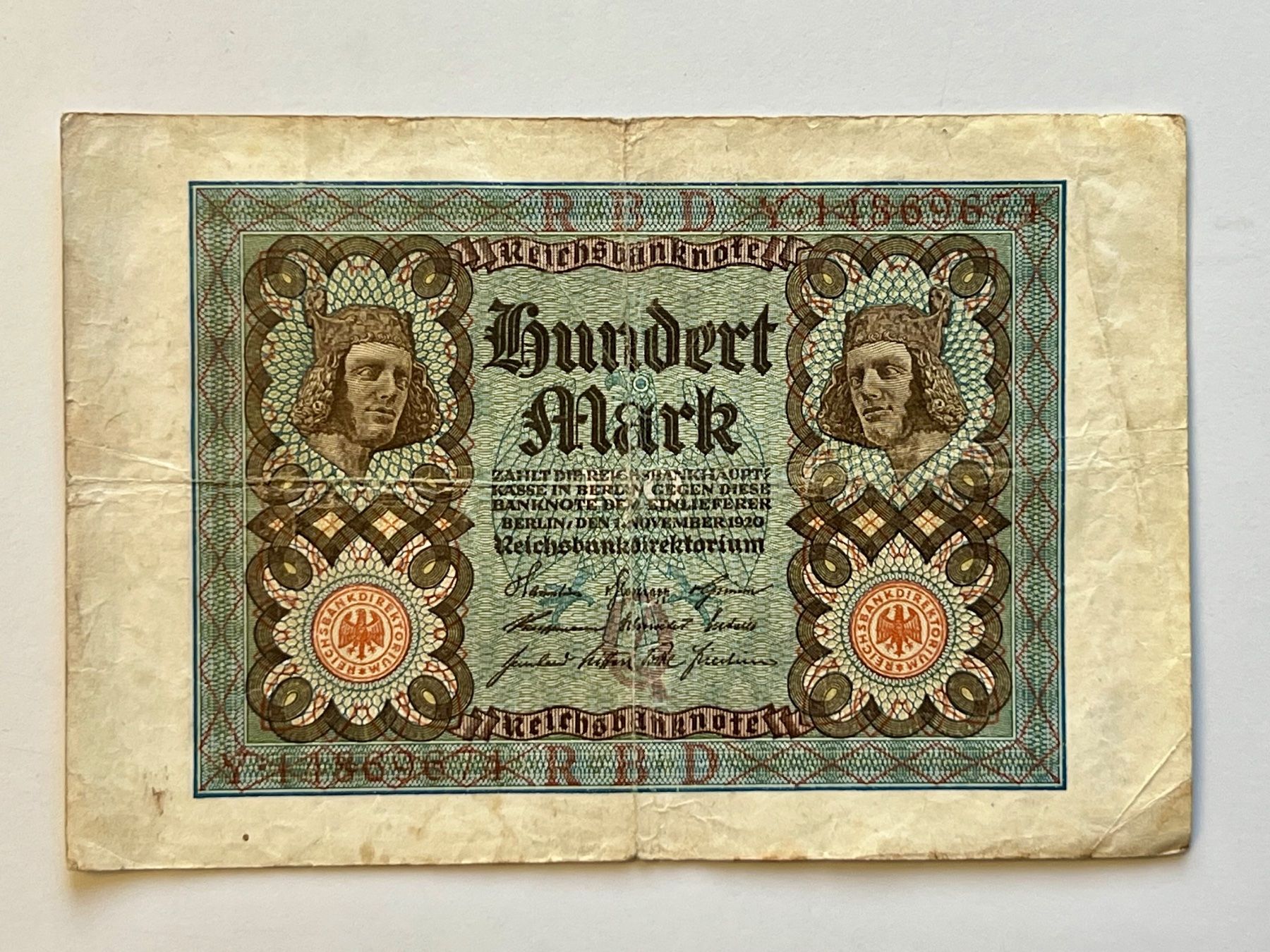 Banknoten: Alte 100 Mark Reichsbanknote von 1920 – Gebraucht aus Wollerau von Sammler-Ecke