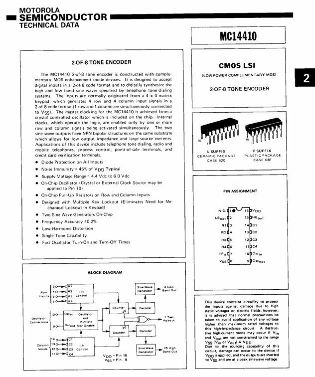 Componenti elettronici: MC14410 - 2 of 8 Tone Decoder – Usato da Oberwangen b. Bern venduto da Vittorio0 1